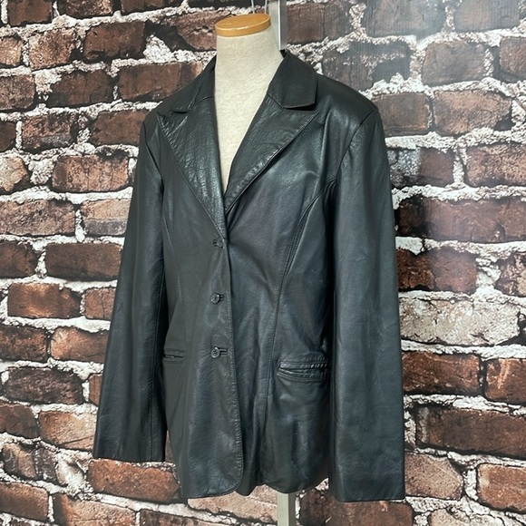 BCBGMAXAZRIA Jacket Women's 12 Black Leather Collar Buttons Pockets Blazer - Picture 6 of 17